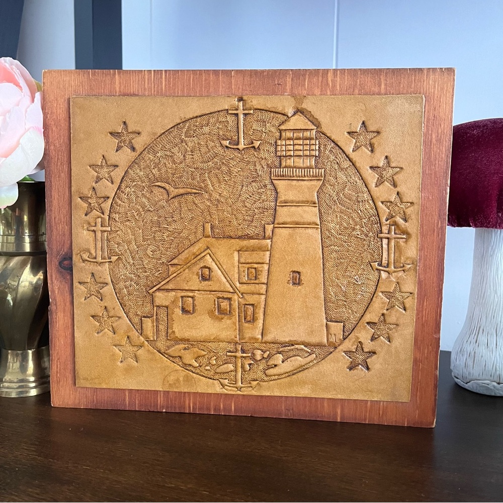 Vintage Handmade Tooled Leather Lighthouse Wall Art Wood Nautical Marine Coastal